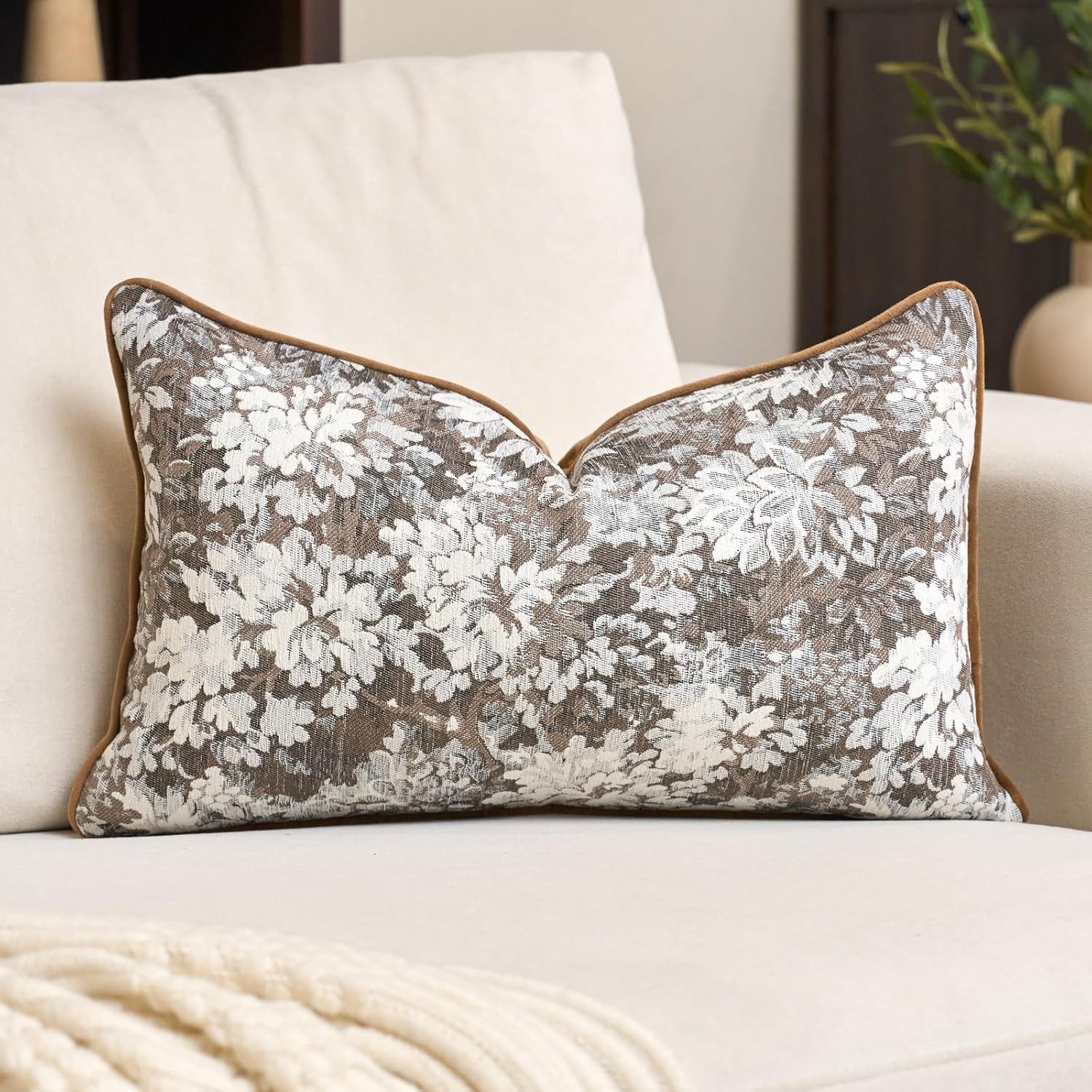 Alerfa Brown Neutral Floral Pillow Cover 12 x 20 Inch, Vintage Chenille Rectangle Couch Pillow Cover Soft Decorative Farmhouse Accent Pillowcase for Living Room Bedroom | Amazon (US)