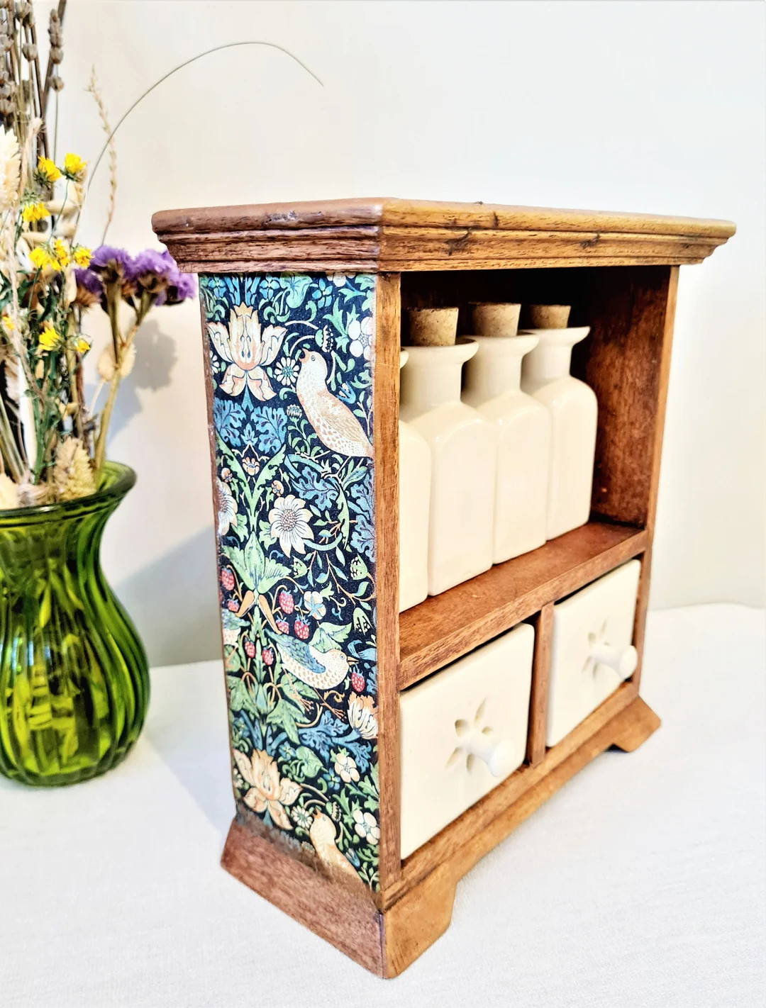 Vintage Wood Ceramic Spice Cabinet William Morris Inspired Green Gold Floral Birds Unique  Countr... | Etsy (UK)