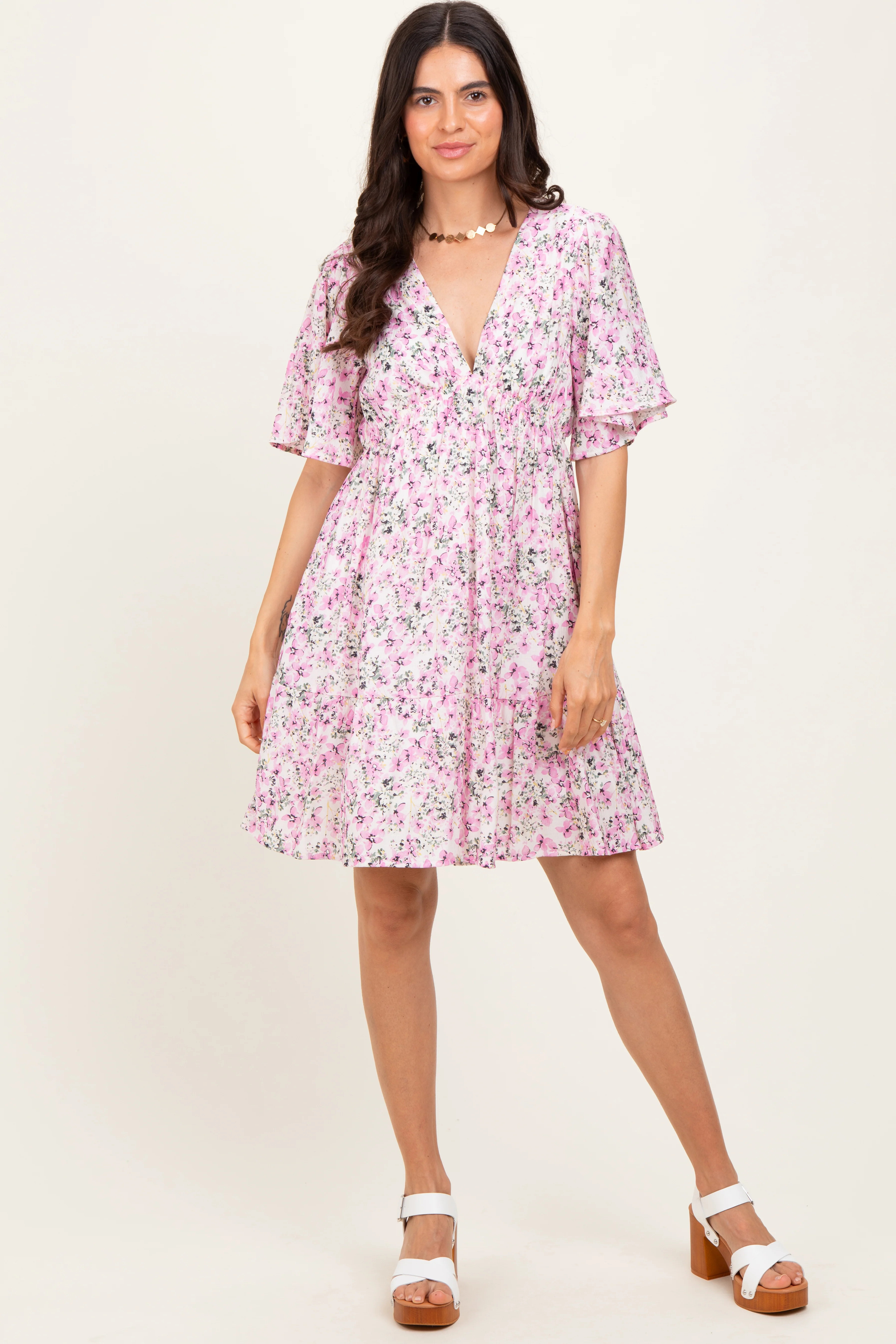 Pink Floral V-Neck Flutter Sleeve Mini Dress - Small | PinkBlush Maternity