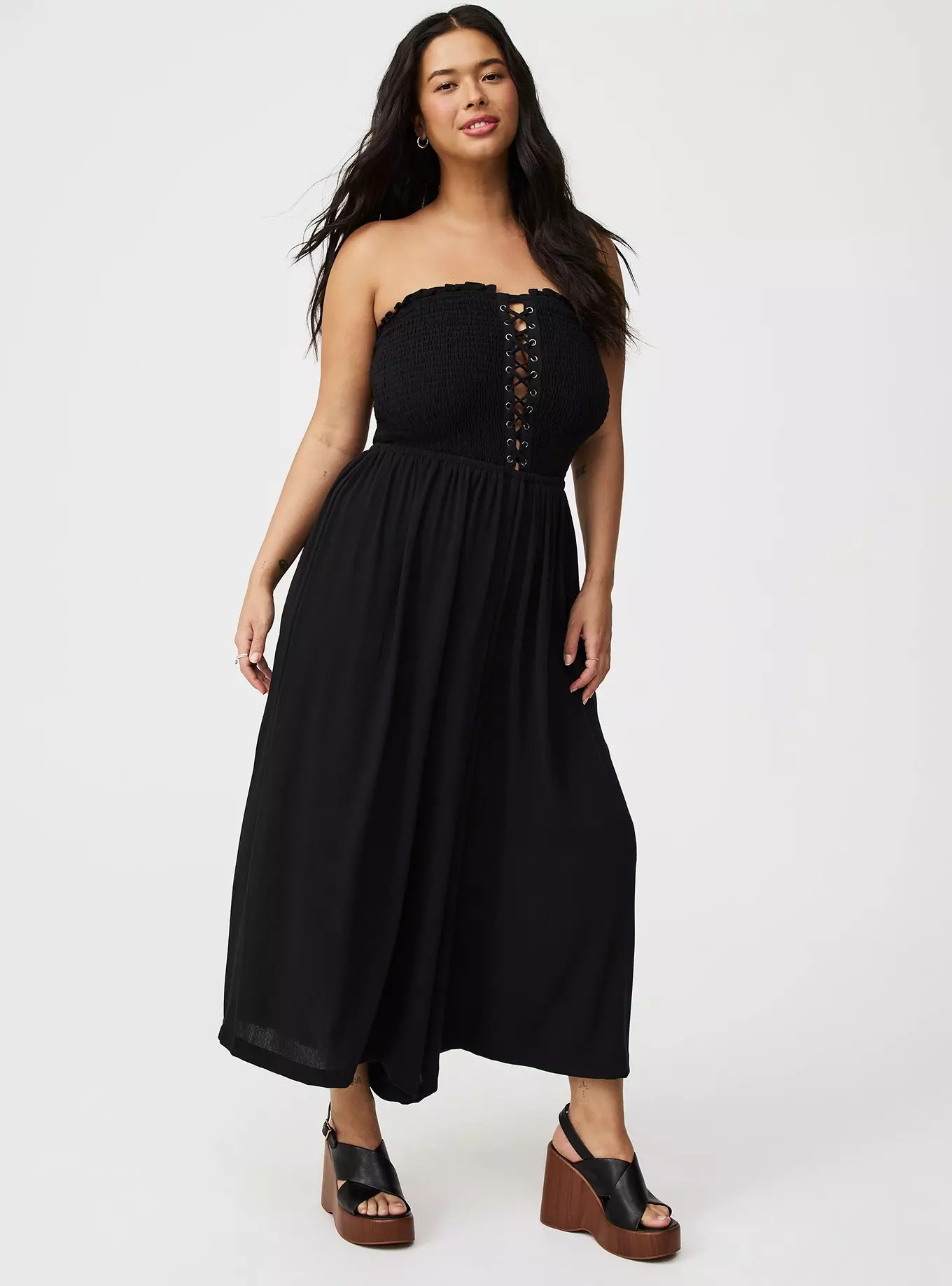 Smocked Lace-Up Culotte Swim Jumpsuit | Torrid (US & Canada)