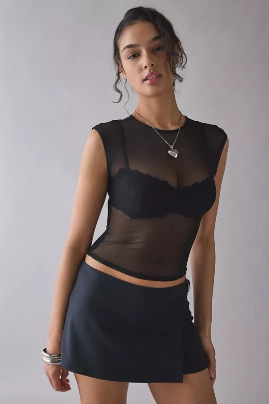UO Rea Short Sleeve Sheer Mesh Baby Tee | Urban Outfitters (US and RoW)