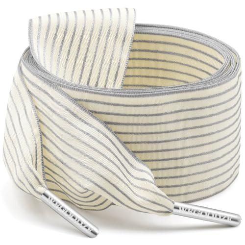 WEGOODZF Stripe Ribbon Shoelaces for Sneakers: 1 Pair 4CM Wide 55 Inch Grey Striped Shoe Laces with Silver Tips | Amazon (US)