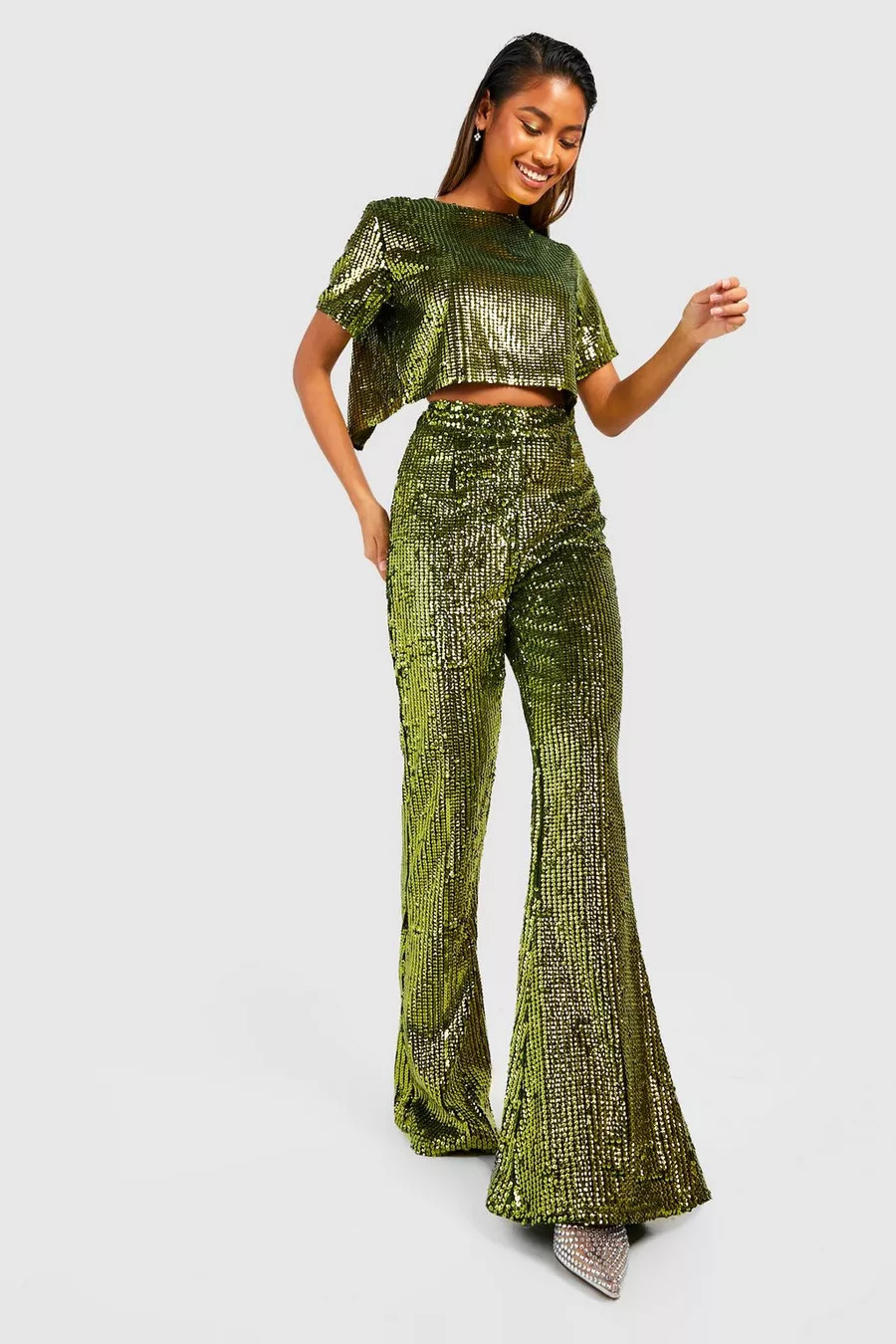 High Waist Sequin Flare Trousers | Boohoo.com (UK & IE)