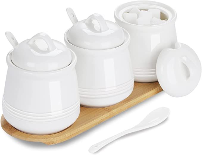 HAOTOP Porcelain Condiment Jar 3 Pack Set with Tray, 12 Ounces White | Amazon (US)