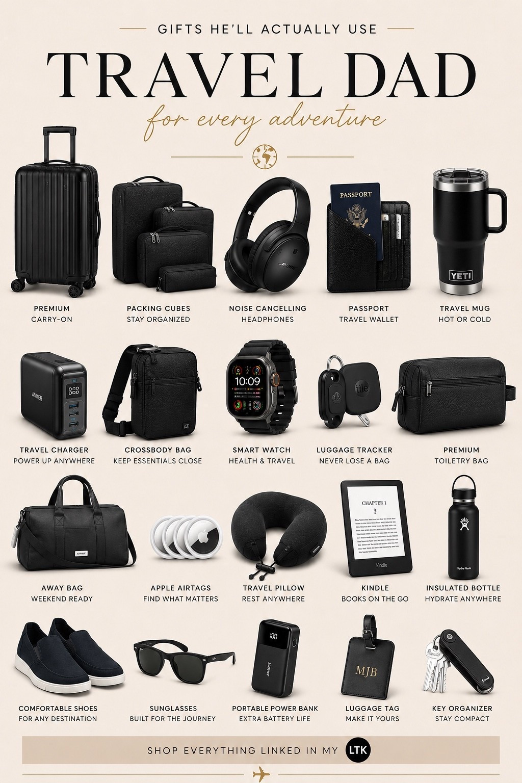 Travel dad gifts he’ll actually use ✈️🖤 From elevated carry-ons and smart travel tech to airport essentials and luxe accessories, these are the upgrades that make every trip smoother. Everything is linked in my LTK. #TravelDad #FathersDayGiftGuide #LTKMens #TravelEssentials #MensStyle #AirportStyle #LuxuryTravel #LTKFinds #GiftGuide #CarryOnEssentials