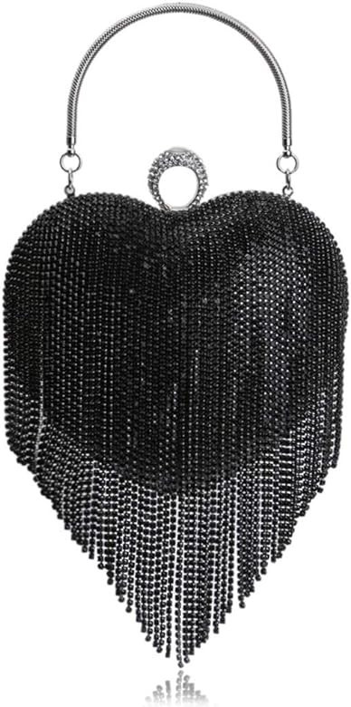 UMREN Women Luxury Heart Shape Tassel Evening Clutch Bag Rhinestones Wedding Party Purse Handbag | Amazon (US)
