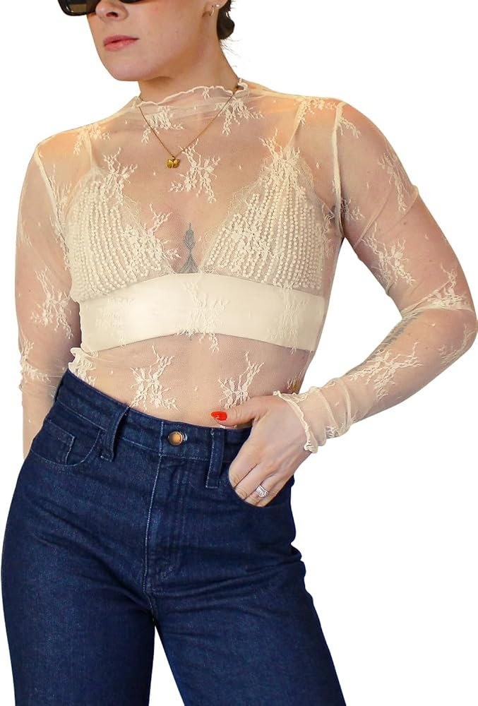 DOROSE Mesh Long Sleeve Top for Women Lace Mock Neck Floral Sheer Blouse Sexy | Amazon (US)