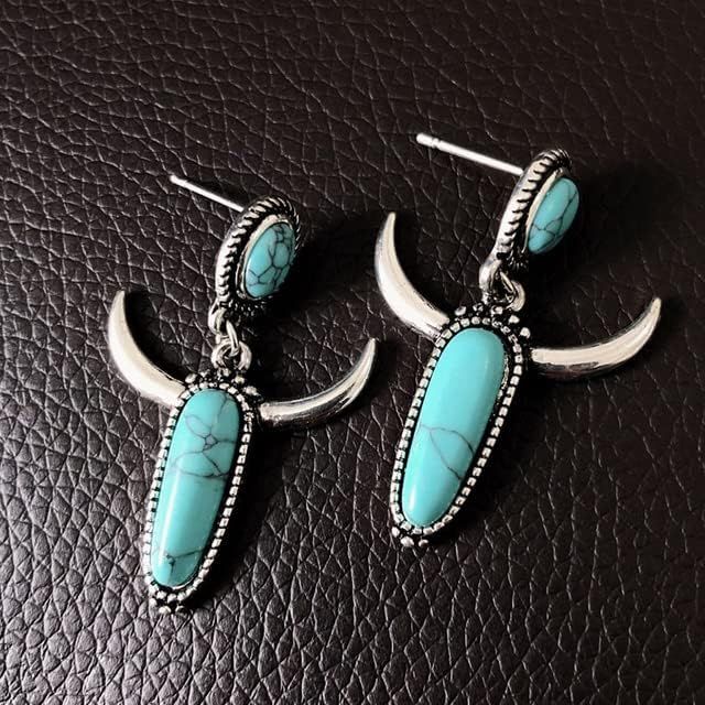 VIGOAT Vintage Long Turquoises Ox Bull Head Tribal Ethnic Earrings For Women Blue Stone Beads Drop D | Amazon (US)