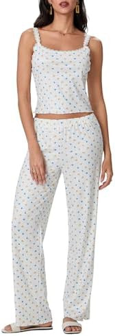 SOLILOQUY Women 2 Piece Pajama Set Sleeveless Lace Patchwork Cami Crop Top and Pants Y2K Floral P... | Amazon (US)