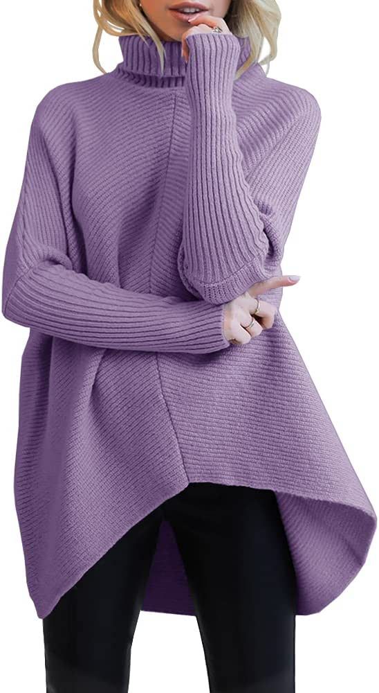 Nulibenna Womens Turtleneck Long Batwing Sleeve Knit Sweater Asymmetric Hem Chunky Pullover Winte... | Amazon (US)