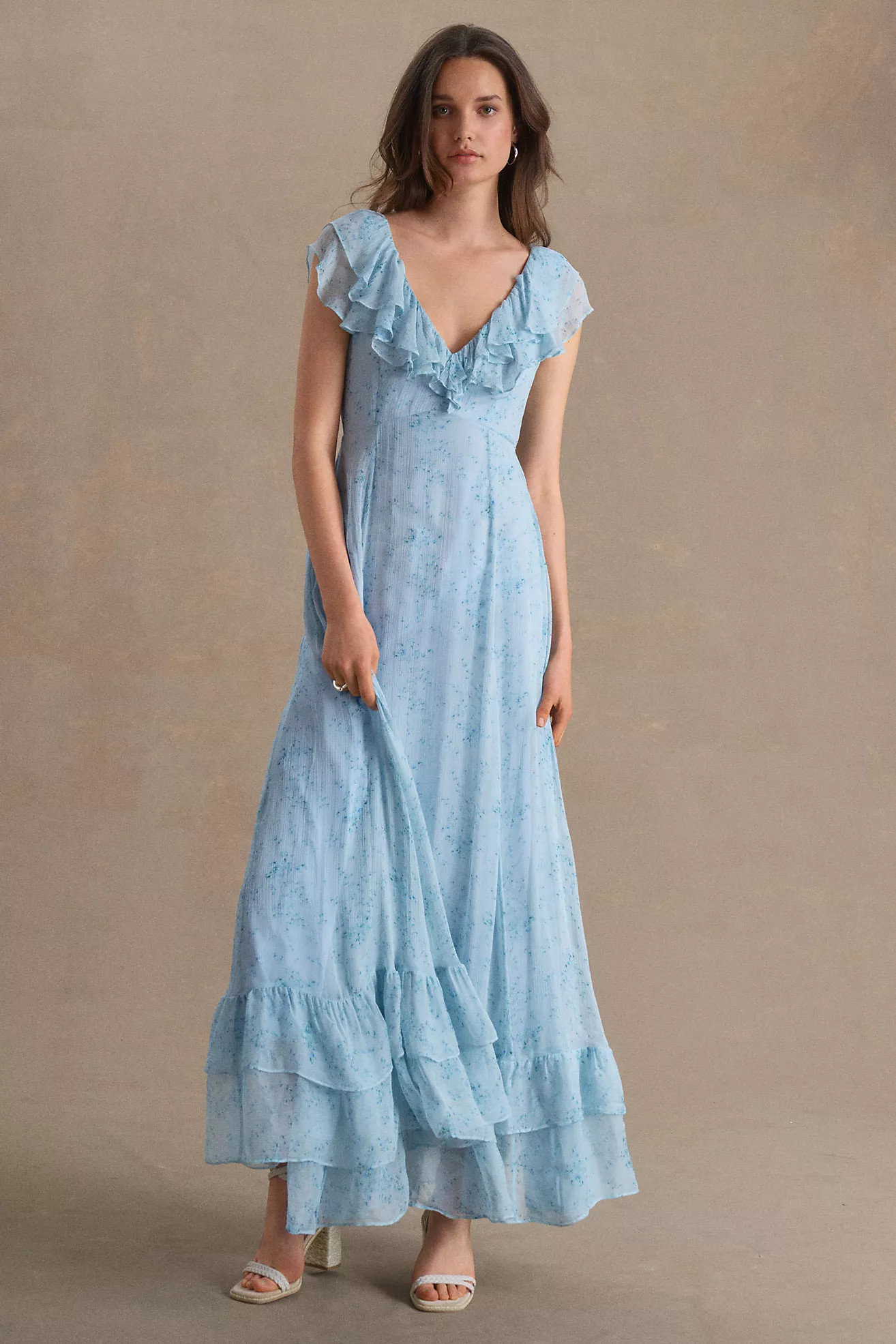 Sachin & Babi Ivy Chiffon Flutter-Sleeve Ruffled V-Neck Gown | Anthropologie (US)