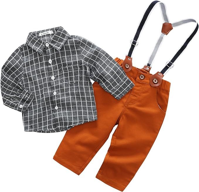 Baby Boy Casual Suit 2pcs Cotton Long Sleeve Plaid Button-Down Shirt Pant with Suspenders Outfits... | Amazon (US)