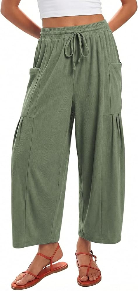 Athlisan Womens Casual Wide Leg Pants Drawstring Elastic Waist Palazzo Pants Baggy Lounge Trouser... | Amazon (US)