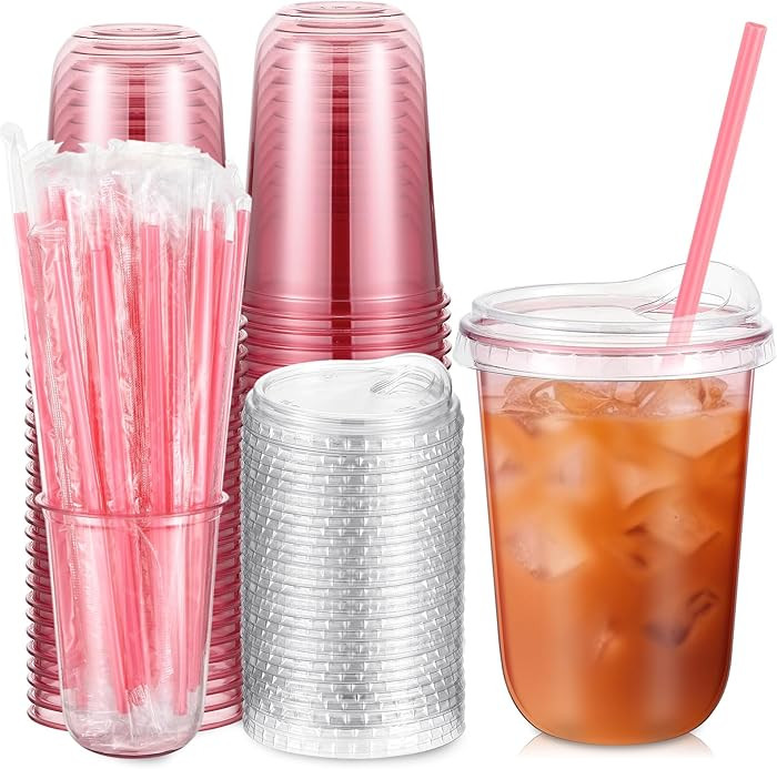 Ziliny 50 Sets Clear Plastic Cups with Heart Shaped Pink Straws and Strawless Lids Disposable Rou... | Amazon (US)