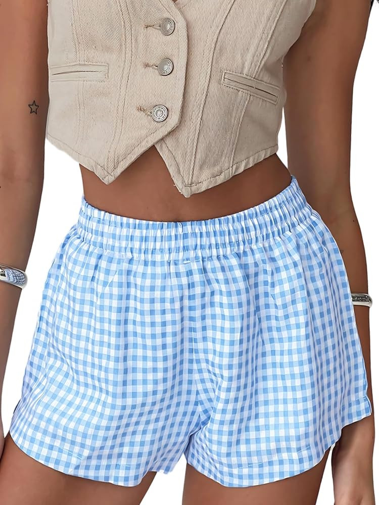Chunoy Women's Plaid Boxer Shorts Summer Casual Gingham Pajama Bottoms Short with Pockets | Amazon (US)