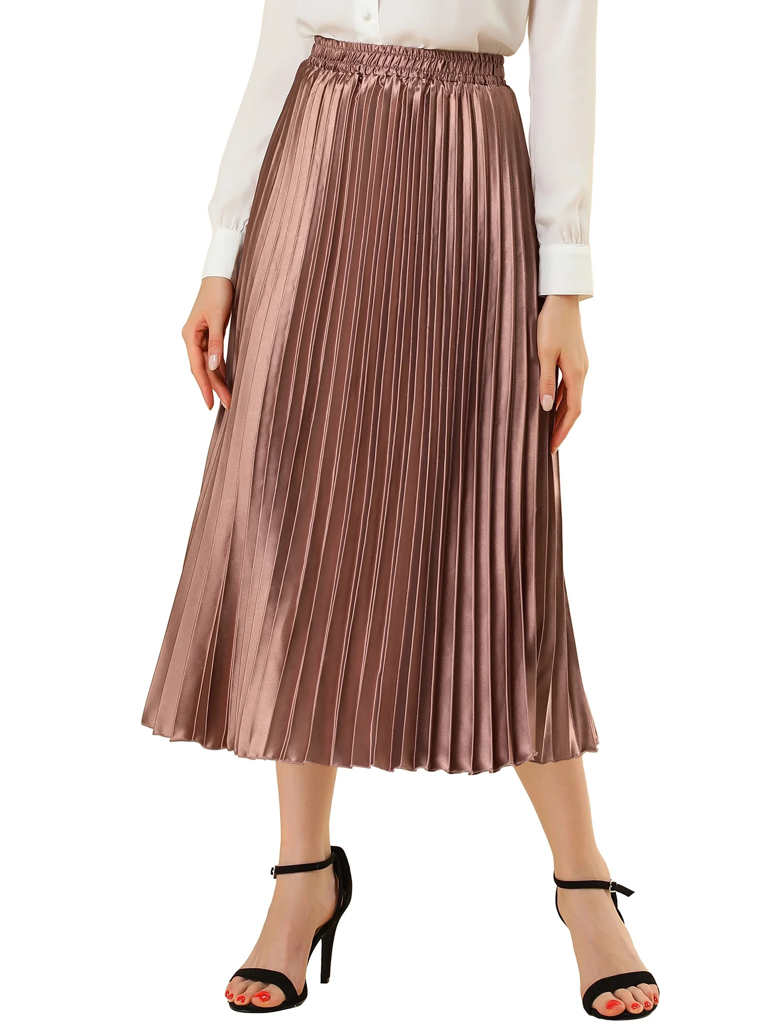NOMADIC NOOK Women's Elastic Waist Metallic Shiny Accordion Pleated Midi Skirt | Walmart (US)