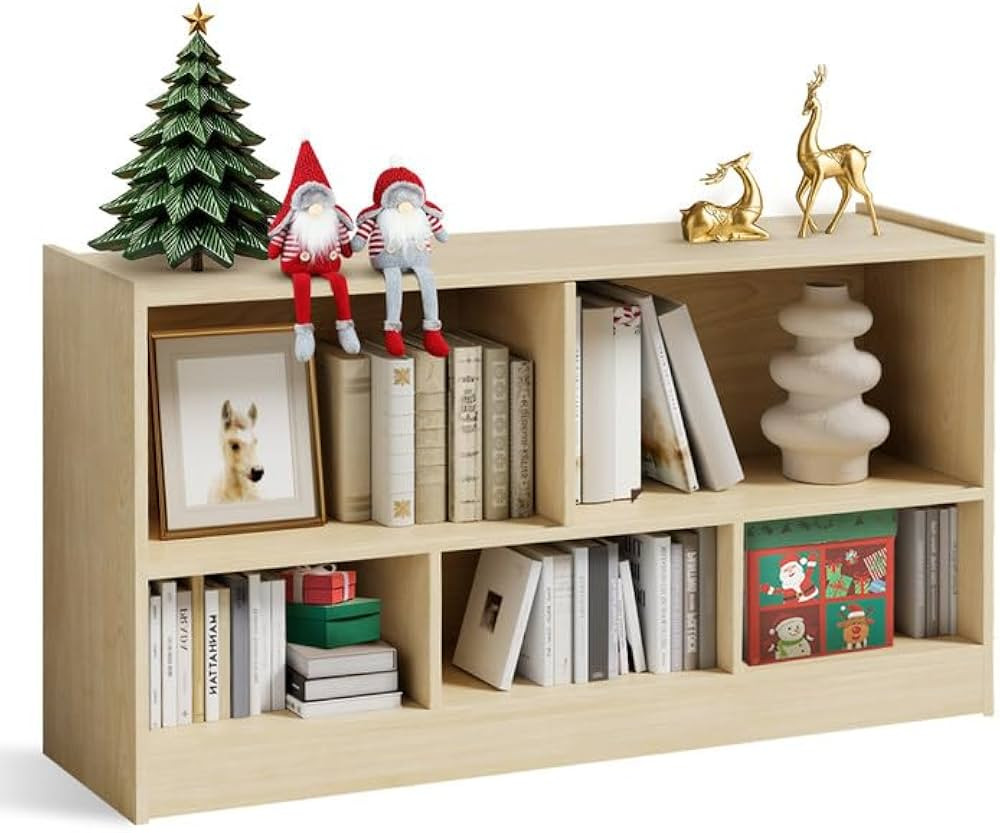 Wooden Horizontal Bookshelf, 5 Cube Storage Organizer Shelf, 2-Tier Wooden Storage Cabinet Rack f... | Amazon (US)