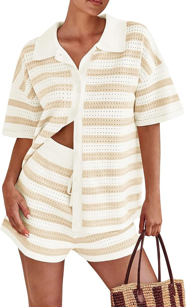 PRETTYGARDEN Women's 2 Piece Shorts Sets Casual Summer 2025 Short Sleeve Striped Sweater Set Matc... | Amazon (US)