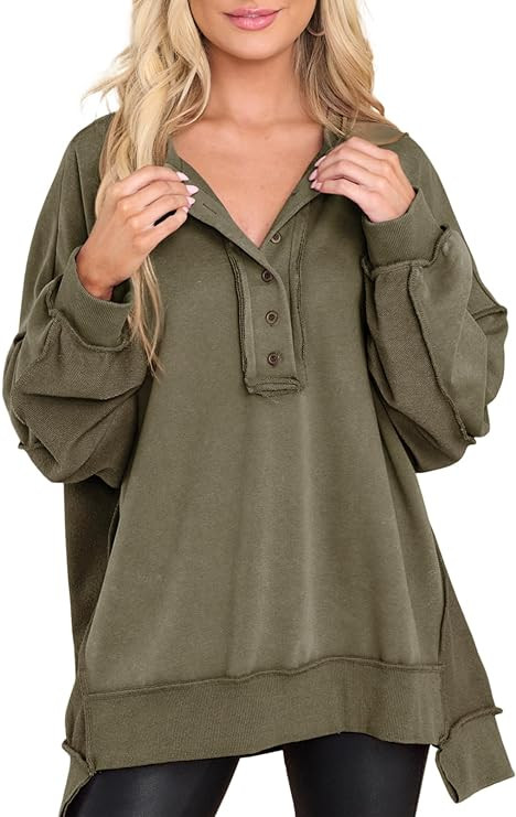AlvaQ Sweatshirt for Women Oversized Casual Long Sleeve Button Henley Neck Pullover Tunic Tops Fa... | Amazon (US)