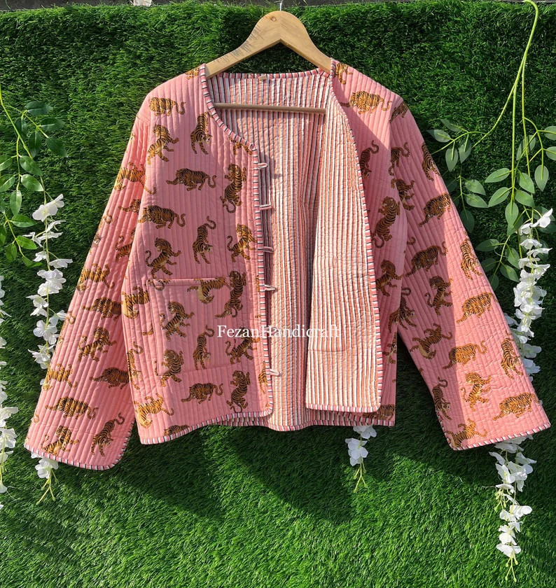 Cotton Quilted Jacket, Winter Women Handmade Coat Tiger Hand Print, Unisex Coat, Outerwear, Vinta... | Etsy (US)