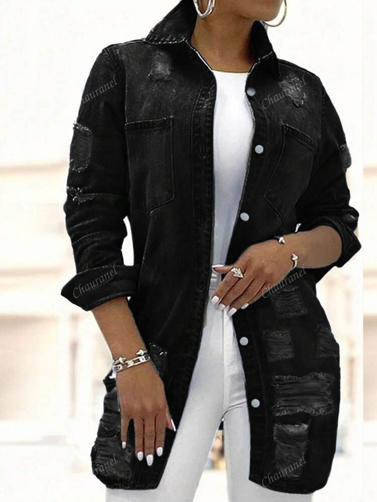 Women's Casual Mid-Length Distressed Washed Denim Jacket, Autumn | SHEIN