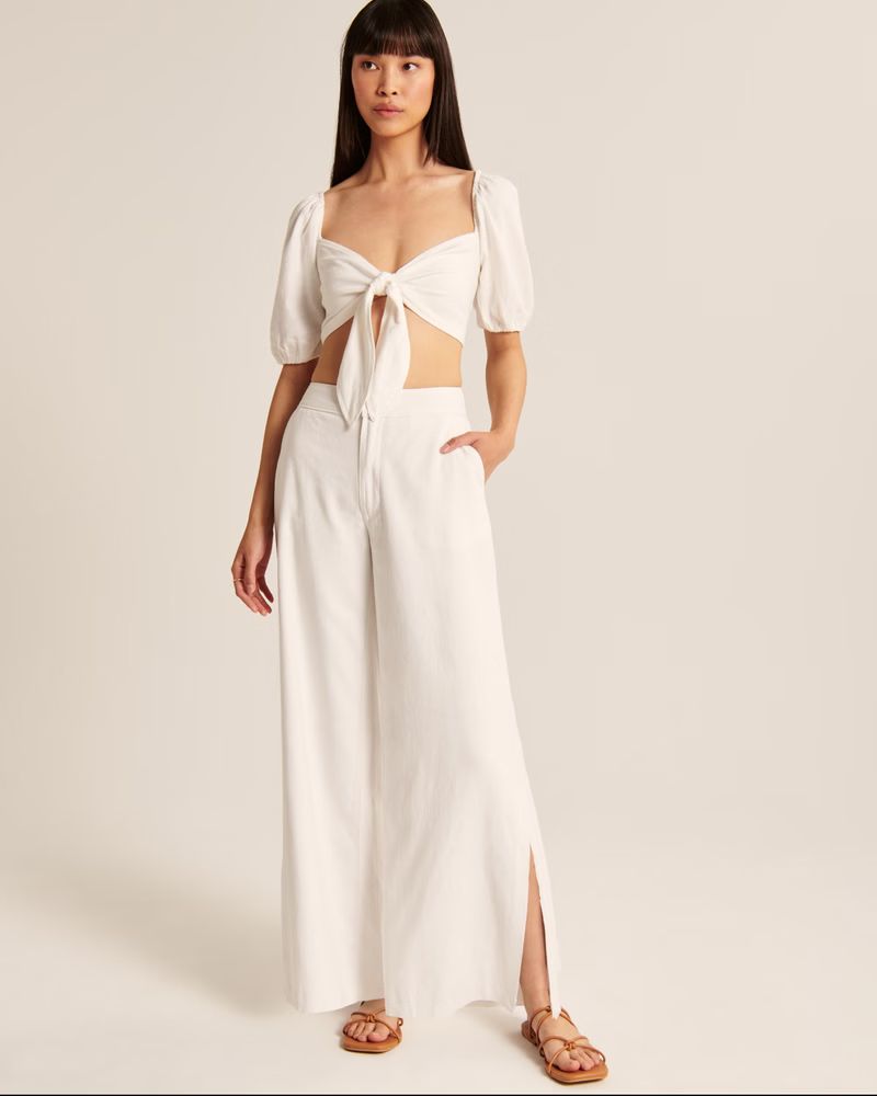 Women's Split-Hem Linen Ultra-Wide Leg Pants | Women's Matching Sets | Abercrombie.com | Abercrombie & Fitch (US)