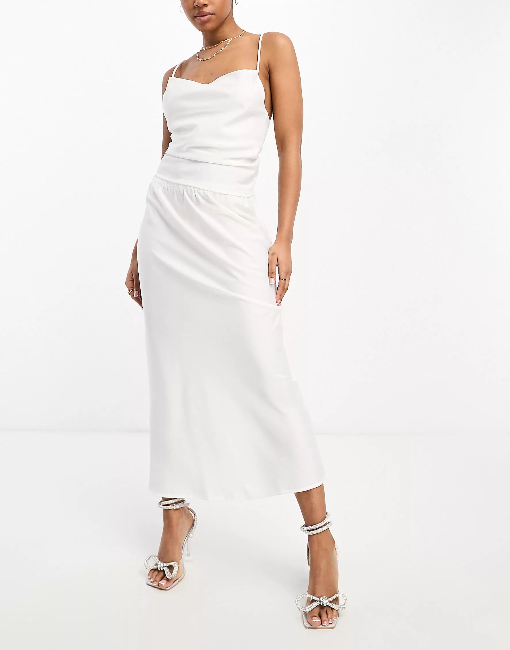 Pieces Bride To Be satin slip midi skirt co-ord in white | ASOS (Global)
