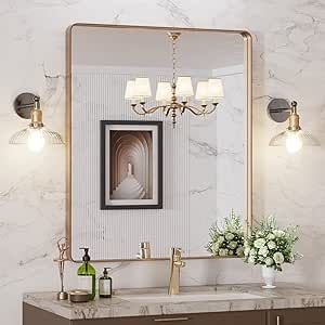 LOAAO 30”X36” Gold Bathroom Mirror, Rounded Rectangle Gold Frame Mirror, Brushed Gold Bathroo... | Amazon (US)