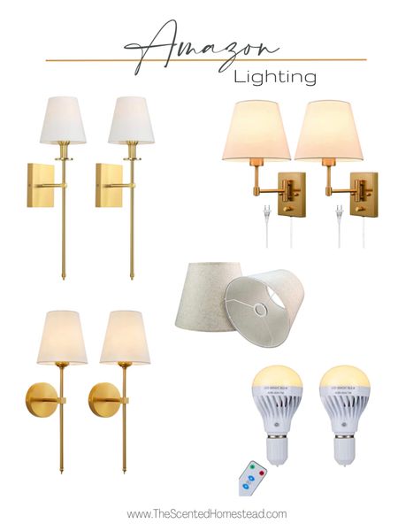 Amazon lighting, wall sconces, gold wall sconces, brass wall sconces, lamp shades, fabric lamp shades, rechargeable light bulbs, dimmable light bulbs, plug in wall sconces. 

#LTKhome #LTKFind #LTKunder50
