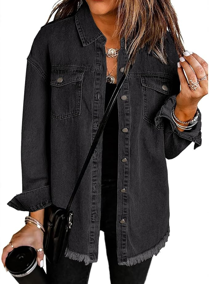 Vetinee Women’s Oversized Button Up Frayed Hem Shacket Long Sleeve Pockets Denim Jean Jacket | Amazon (US)