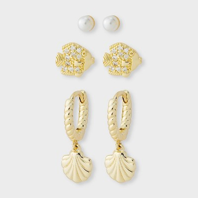 14k Gold Dipped Pearl Stud Shell Hoop & Fish Earring 3pc Set - A New Day™ Gold | Target