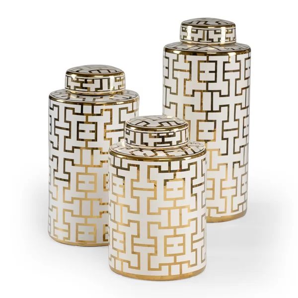 3 Piece Noble White/Metallic Gold Glaze Porcelain Jar Set | Wayfair North America