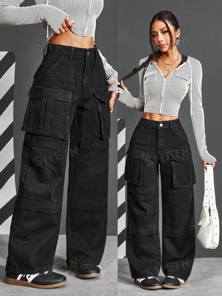 SHEIN PETITE Women's Cargo Pocket Wide Leg Loose Casual All-Match Jeans | SHEIN USA | SHEIN