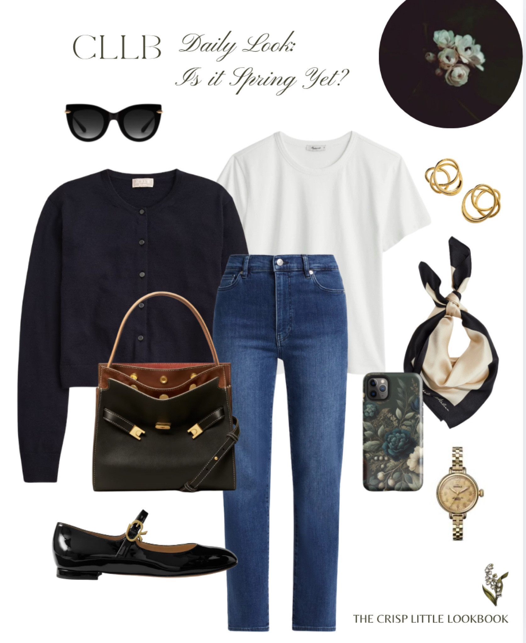 Classic French chic …. Classic tee, navy cardigan, Mary Jane flats, a timeless neutral bag, silk scarf, gold jewelry, and lovely moody floral phone case ✨