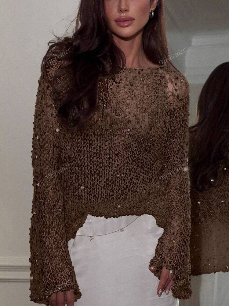 Yuwenier Sexy Hollow Out Sheer Sequin Embellished Crochet Cover-Up Batwing Long Sleeve Loose Fit Tops Rave Party Outfits For Women | SHEIN