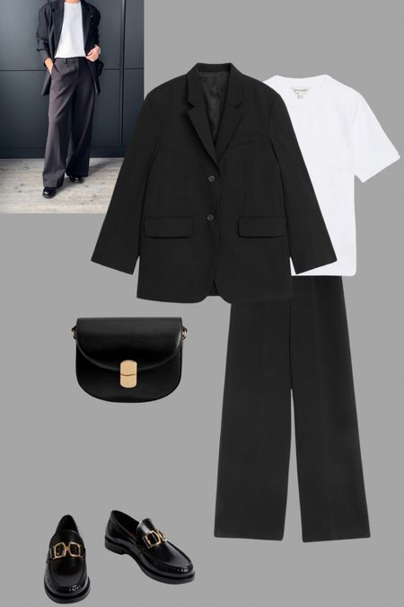 White tee shirt looks day 6 - a classic oversized suit. Wide leg black trousers and an oversized blazer with chunky loafers and a classic Sézane bag