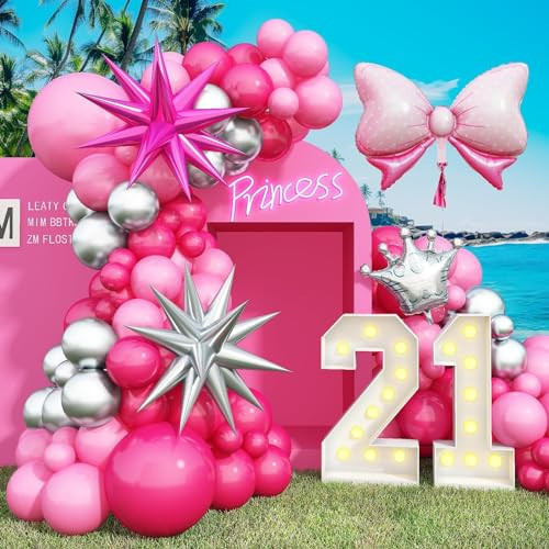 Pink Balloon Arch Kit, Hot Pink Rose Pink Balloon Garland Kit with Metallic Silver Balloon Bow Foil Balloon for Princess Party Decorations Bachelorette Pool Party Girls Women Decor Birthday Party | Amazon (US)
