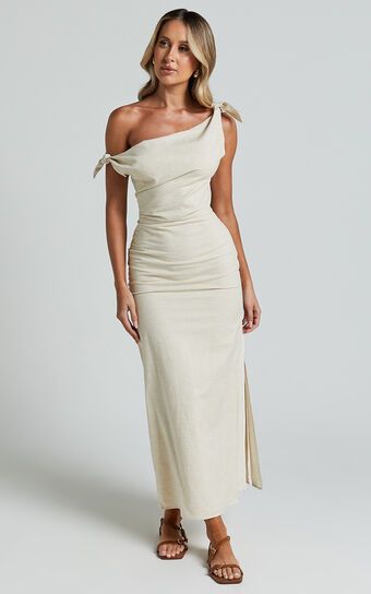 Cincinnati Midi Dress - Off The Shoulder Side Split Column Linen Look Dress in Beige | Showpo (US, UK & Europe)