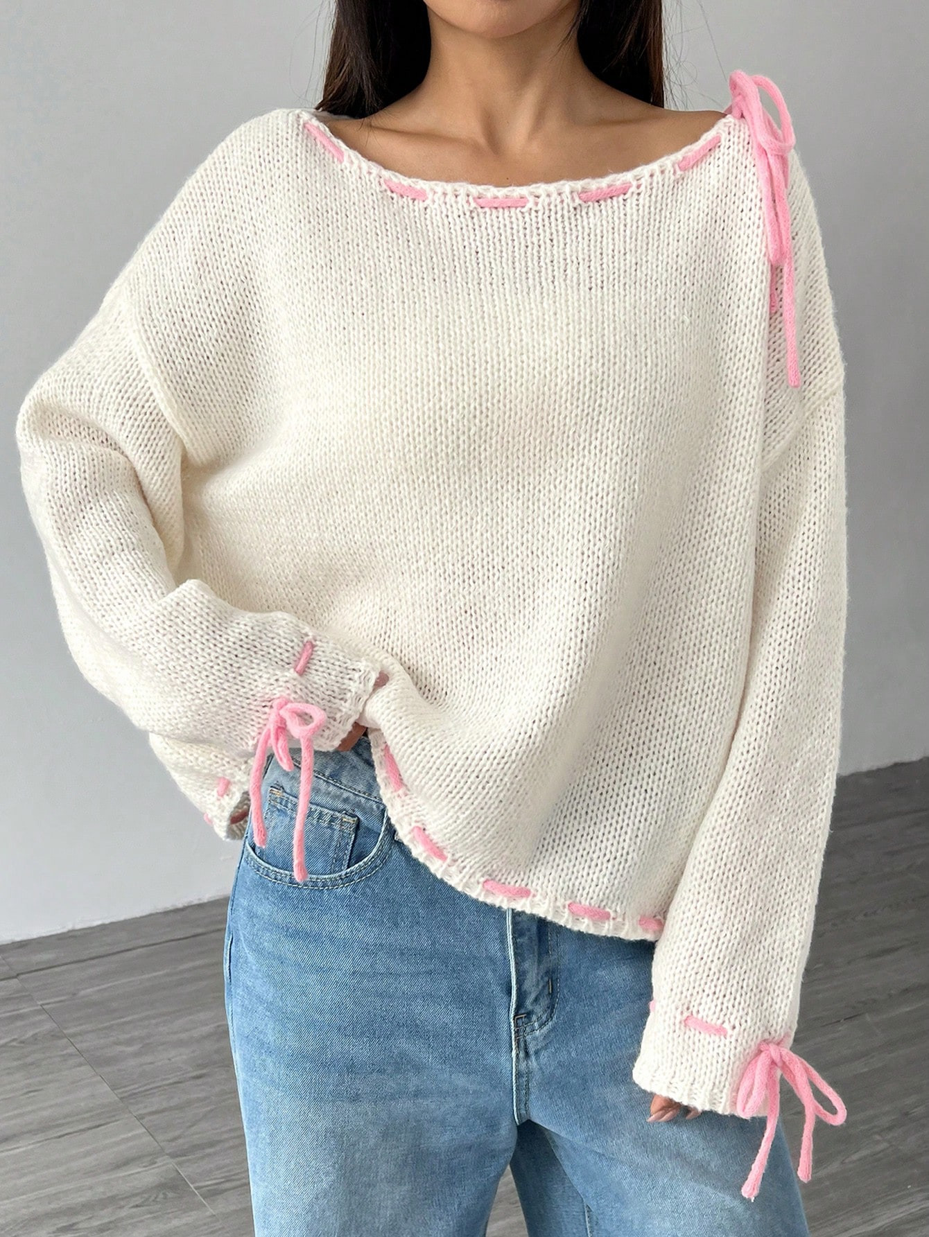 SHEIN SHEIN MOOSTA Color Block Tie Front Casual Crew Neck Long Sleeve Sweater | SHEIN
