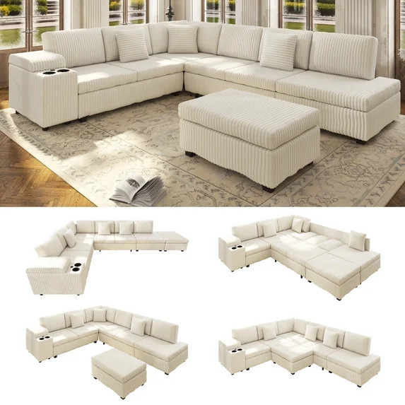 LLappuil Sectional Sofa, 110" Sectioanl Couch with Movable Ottoman Convertible Sofa Bed, 7 Seat C... | Walmart (US)