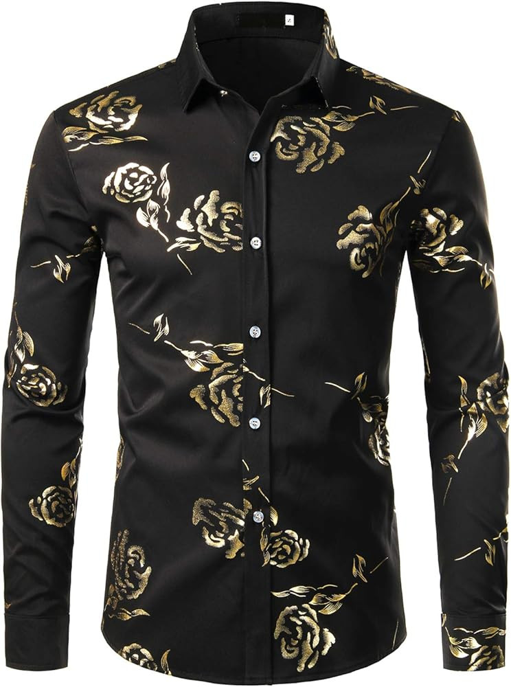 ZEROYAA Men's Geek Rose Gold Shiny Flowered Printed Stylish Slim Fit Long Sleeve Button Down Shirt | Amazon (US)