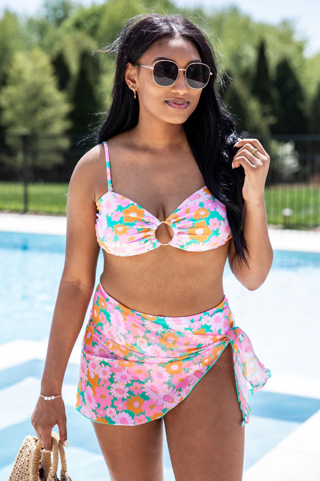 Diamond Girl Green Retro Floral Ring Link Bikini Top | Pink Lily