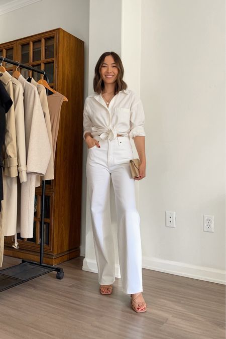 Spring outfit/elevated - Abercrombie items are 20% off select spring styles + 15% off almost everything else [sale ends 3/4] 

White Button up -  xs
White Jeans - Abercrombie 25 regular, runs slightly bit in the waist, maybe size down, linked to this year’s style 
Nude heels 
Purse 

Spring / summer / vacation / chic 

#LTKSeasonal #LTKstyletip #LTKtravel