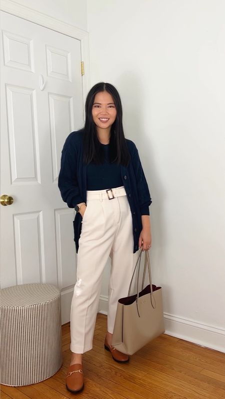 Navy cardigan (XS)
Navy tank top (XS)
White pants (4P)
Taupe tote bag
Brown loafers (TTS)
Neutral outfit
Business casual outfit
LOFT
Abercrombie 
Ann Taylor
Work outfit
Teacher outfit

#LTKworkwear #LTKVideo #LTKsalealert
