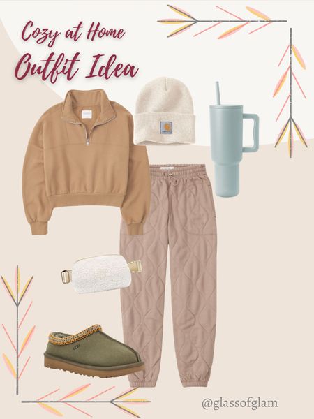 Cozy at home outfit idea Abercrombie sweats uggs Stanley cup lululemon bag dupe white beanie comfy outfit mom outfit  

#LTKunder100 #LTKshoecrush