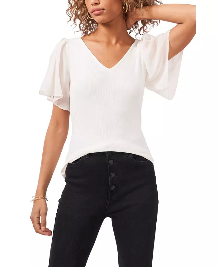1.STATE Women's Flutter Short Sleeve V-Neck Knit Top - Macy's | Macy's