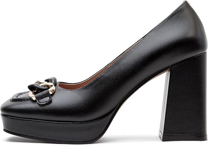 Linea Paolo - Phoebe - Womens Leather Block Heel Square Toe Leather Platform Chain Keeper Pump | Amazon (US)