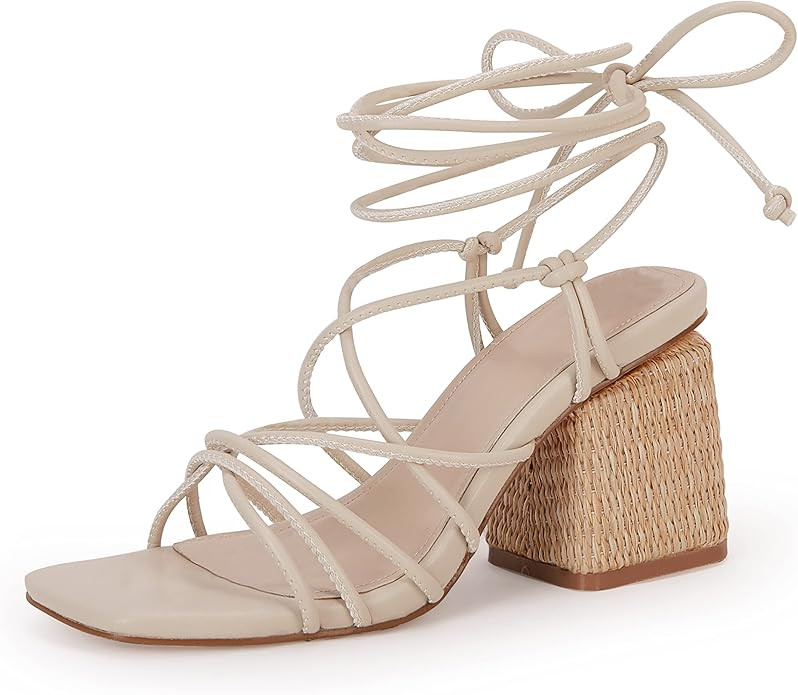 PiePieBuy Women's Lace Up Chunky Braided Heel Sandals Square Toe Strappy Ankle Strap Heels | Amazon (US)