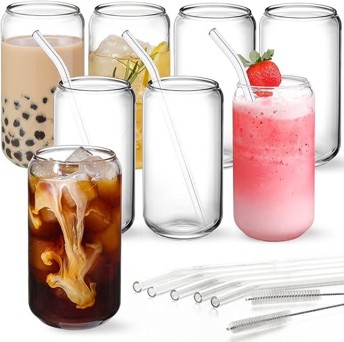Drinking Glasses with Glass Straw 8pcs Set - 16oz Can Shaped Glass Cups, Beer Glasses, Iced Coffe... | Amazon (US)