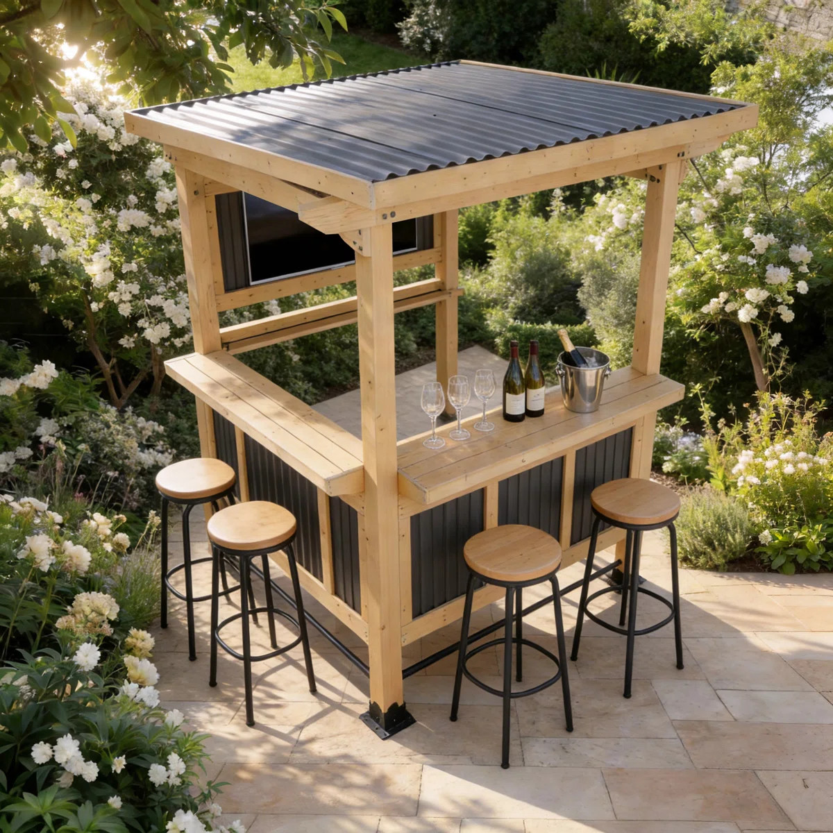 6X7FT Ceder Wood Bar Pergola Entertainment Bar Center With Double Bar & TV Mount | Wayfair North America